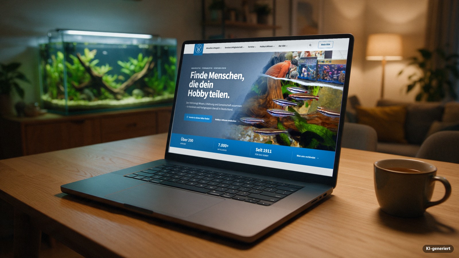 Ein aufgeklapptes Notebook auf einem Holztisch zeigt die neue Startseite von vda-online.de. Im Hintergrund ein beleuchtetes bepflanztes Aquarium in einem Wohnzimmer. Umgebung KI-generiert.