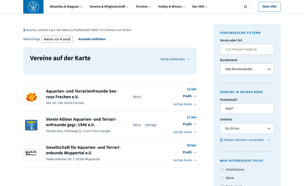 Die Vereinssuche auf vda-online.de zeigt drei Vereine im Umkreis von 50 Kilometern um die Postleitzahl 50667, sortiert nach Entfernung. Rechts daneben die Filter für Ort, Bundesland, Postleitzahl und Umkreis.